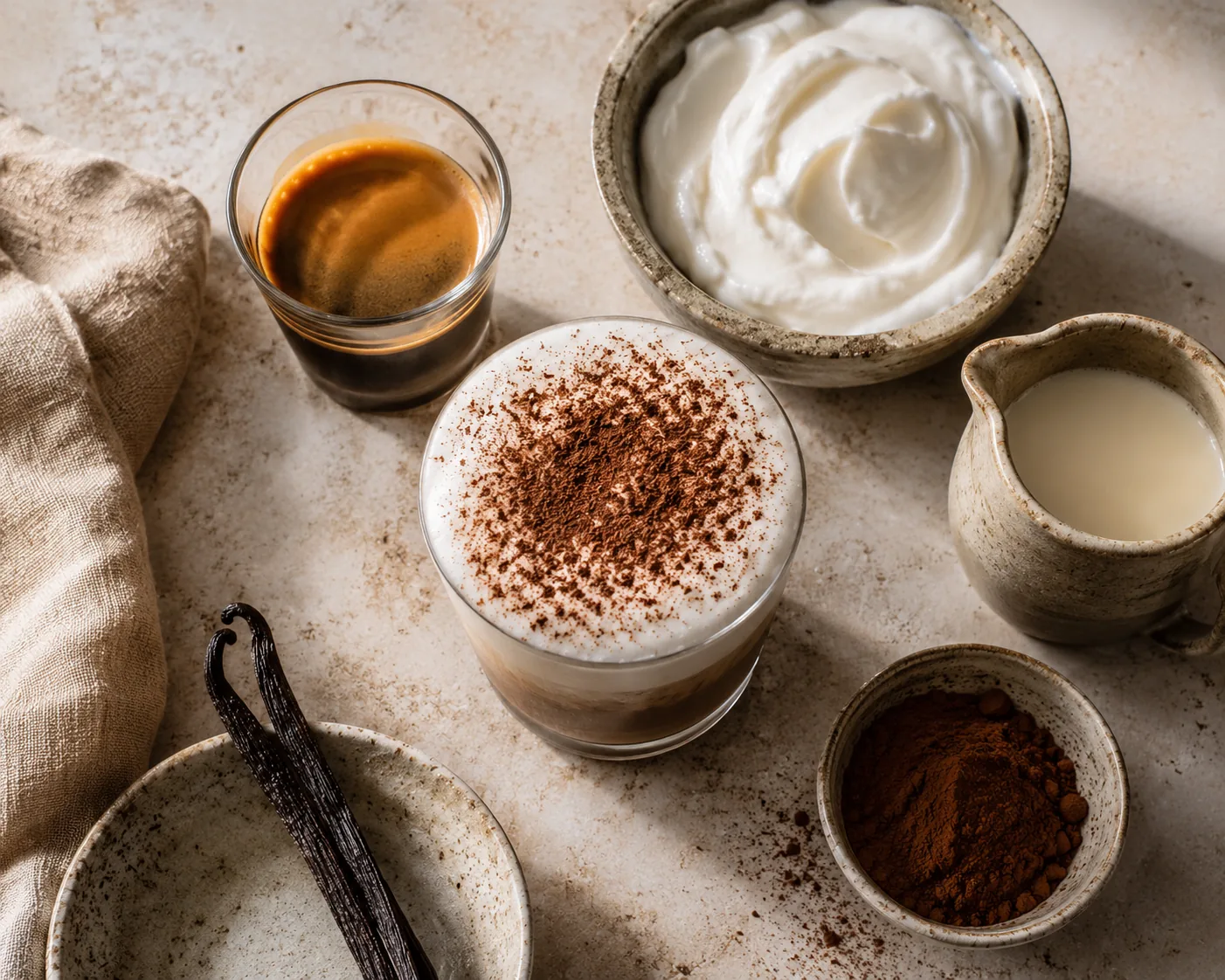 Ingredients for Fomo Coffee: espresso, cocoa, vanilla, heavy cream, and coconut
