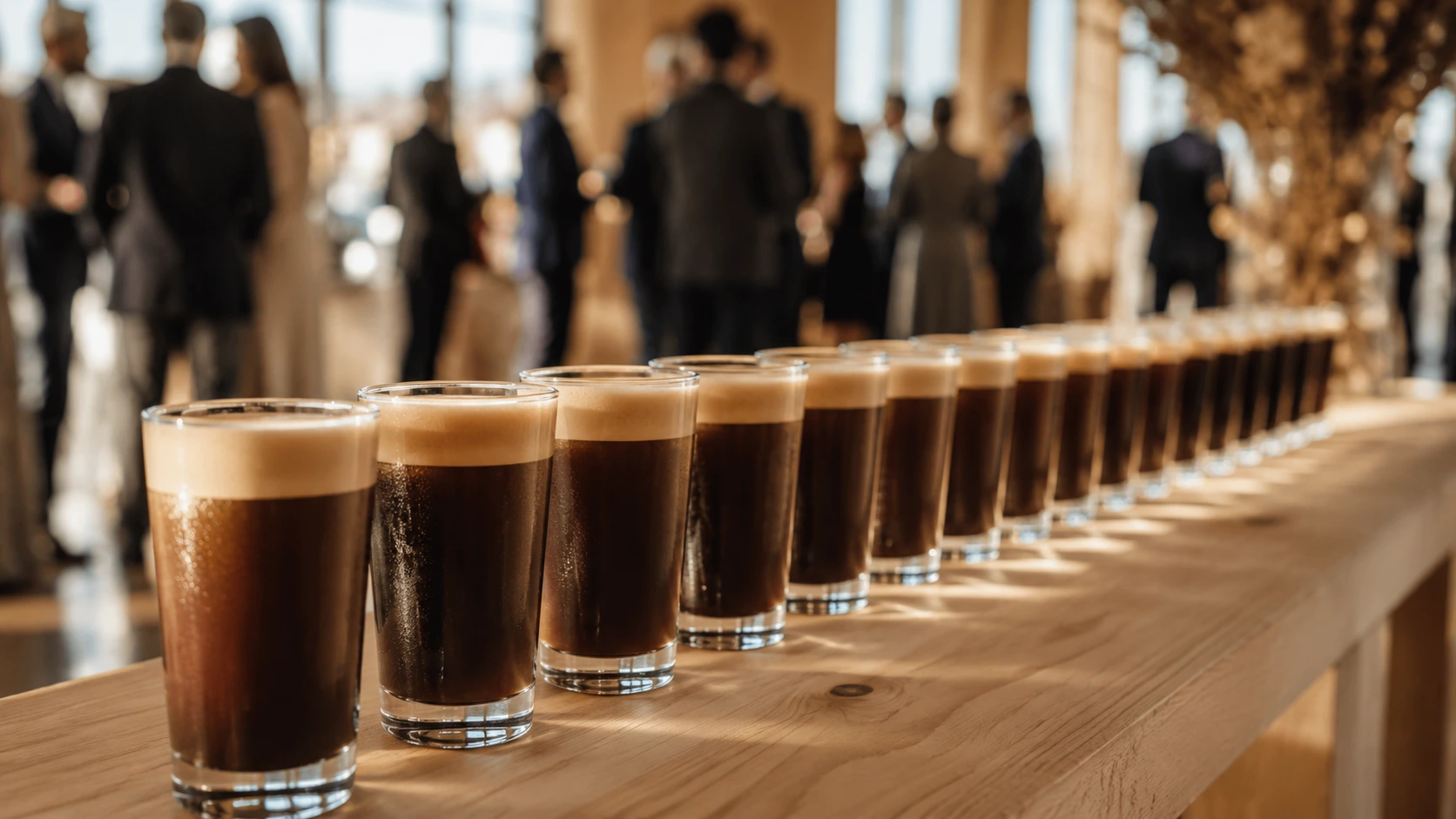 Row of nitro coffee glasses on a table, used to plan how much coffee per guest at an event